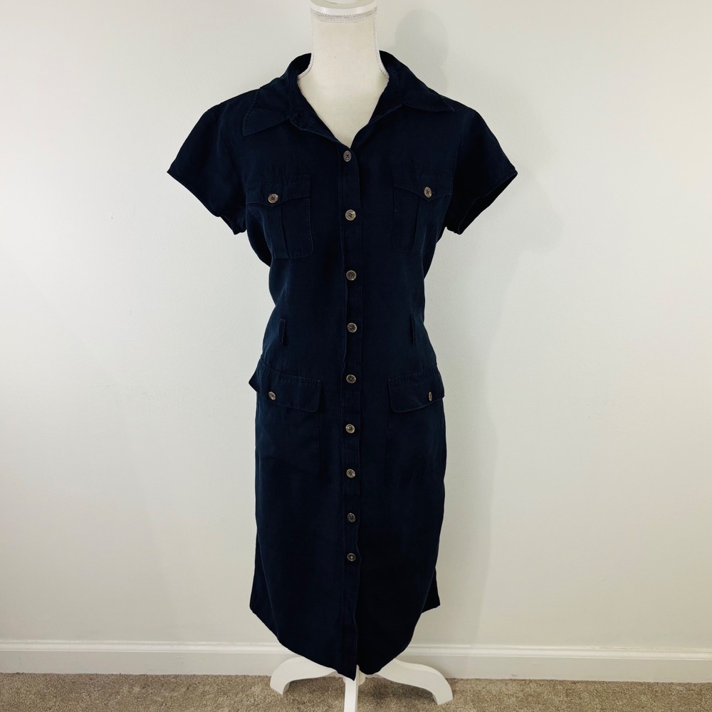 Lauren Ralph Lauren Navy Linen Silk Shirt Dress Belted Utility Midi Dress Sz. 10